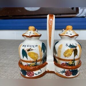 Vintage Nasco Japan Hand Painted Salt And Pepper Shakers Set With Holder Pear